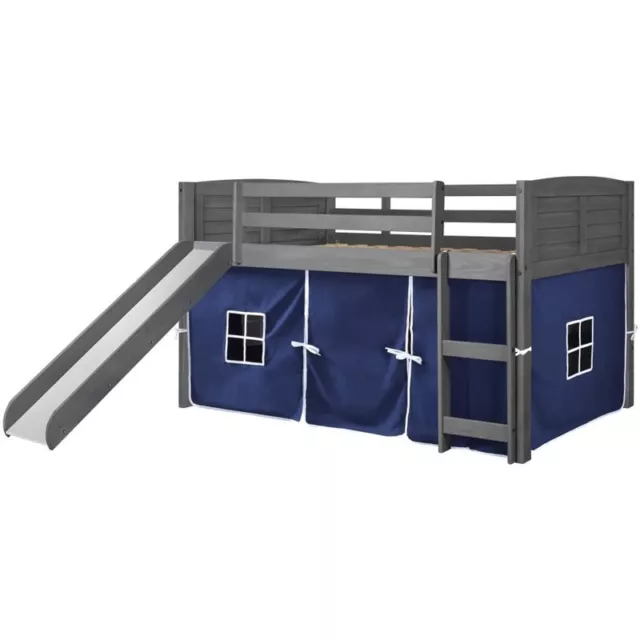 Donco Kids Louver Twin Solid Wood Low Slide Loft Bed with Blue Tent in Gray