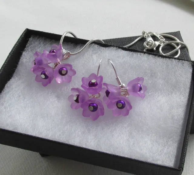 Pretty Purple Lilac Trio Flower Cluster Pendant Handmade Earrings & Necklace