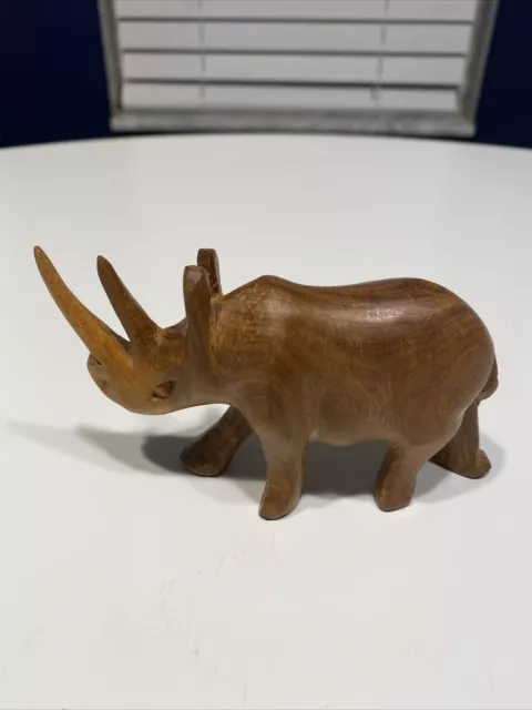 Vintage Hand Carved Wood 4.5”X 3” Rhino/Rhinoceros Sculpture Statue/Figurine