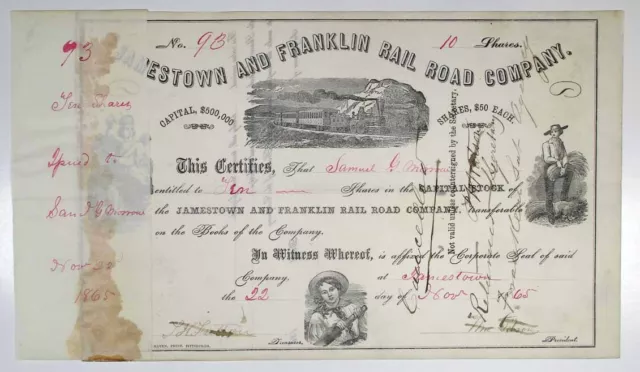 Jamestown and Franklin Rail Road Co. 1865 I/C Stock Certificate