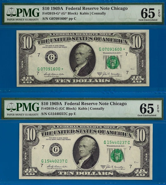 Near TOP POP ✅ 1969-A $10 FRN ➡️ 2 Chicago Notes 🔴 Plain & STAR ⬅️ PMG 65EPQ
