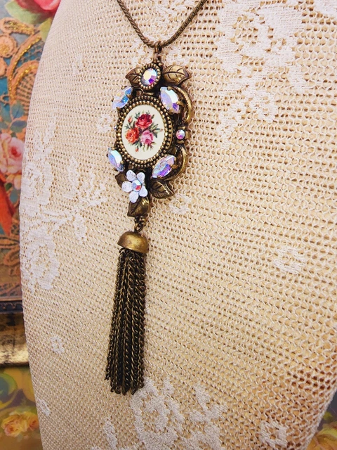 Michal Negrin White Pendant Necklace Rose Cameo Retro Crystals & Tassel