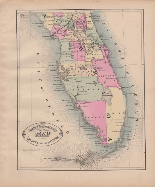 CRAM NEW RAIL Road and County Map of Southern Portion of Florida, ca