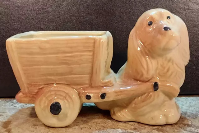 Vintage Spaniel Dog Planter - Brown Puppy Pulling Cart - Home Decor