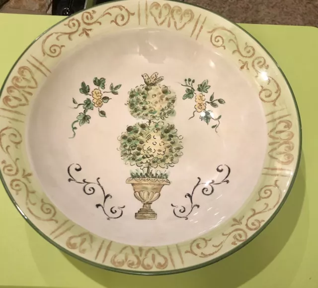 Vintage Topiary Large 12" Round Serving Bowl. Centerpiece. Green w/gold Rim