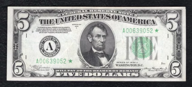 Fr. 1957-A* 1934-A $5 *Star* Frn Federal Reserve Note Boston, Ma About Unc