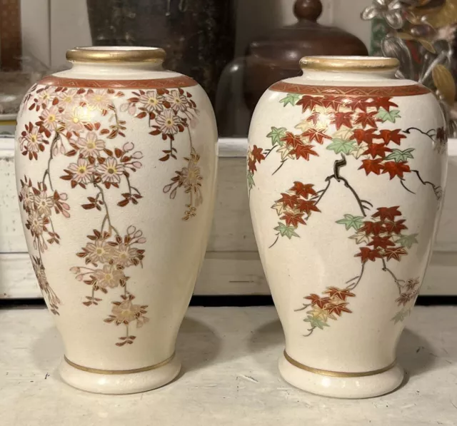 Pr. Antique Hand Painted Japanese Satsuma Vases Maple & Cherry Blossoms Signed