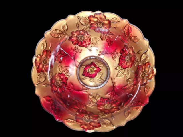 Antique Goofus Glass Red & Gold WILD ROSE Floral 9" Scalloped Bowl Early 1900s 3