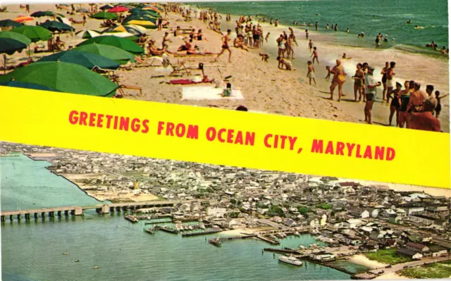 Ocean City Maryland Greetings Vintage Banner Beach Scene Postcard Unposted