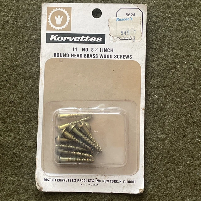 Vintage #8 x 1" Solid Brass Slotted Round-Head Wood Screw USA NOS