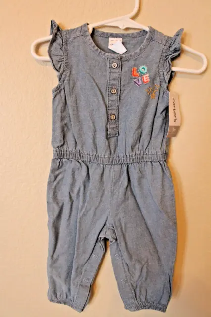 Carter's "LOVE" Blue Chambray One-Piece Jumpsuit Infant Baby Girl 3 Months NEW