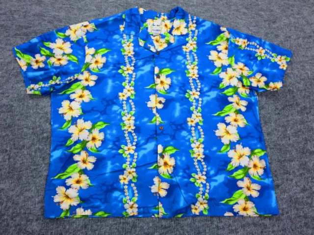 Aloha Hawaii Shirt Mens 3XL Blue Flowers Hawaiian Button Up Beach Surf Camp