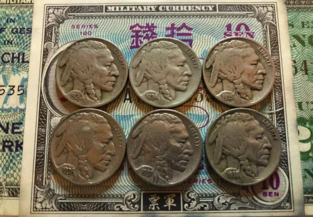 1930-1938 Buffalo Nickel Set Lot Of 6 Coins FULL DATE F+ Nice Starter Collection