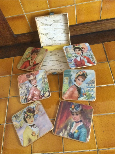 Vintage Win-El-Ware Ladies of Paris Coasters Set of 6 in box - benefits charity