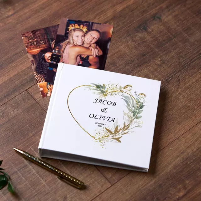 Personalised Wedding Photo Album Gift Gold Green Wreath Heart UV-1344