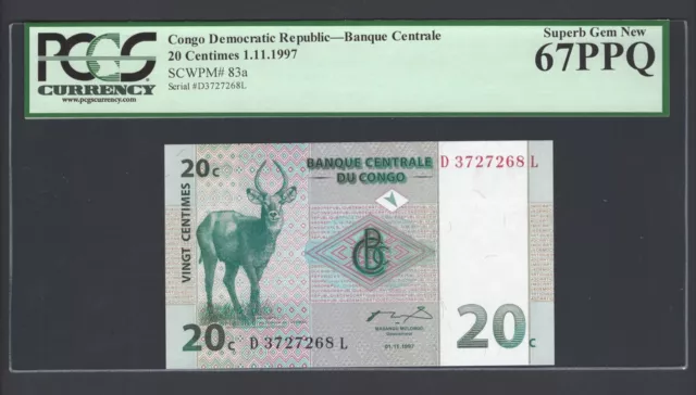 Congo Democratic Republic 20 Centimes 1-11-1997 P83a Uncirculated Graded 67