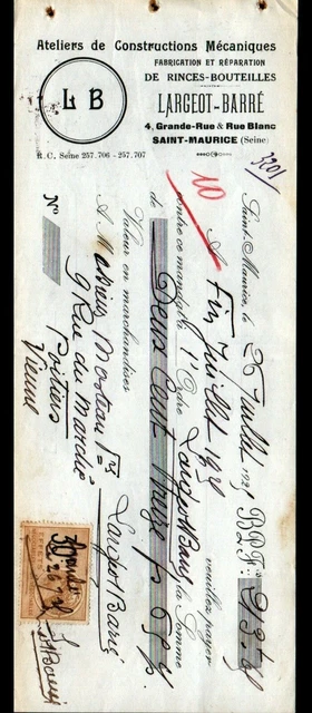 SAINT-MAURICE (94) Constructeur de RINCES-BOUTEILLES "LARGEOT & BARRE" en 1925