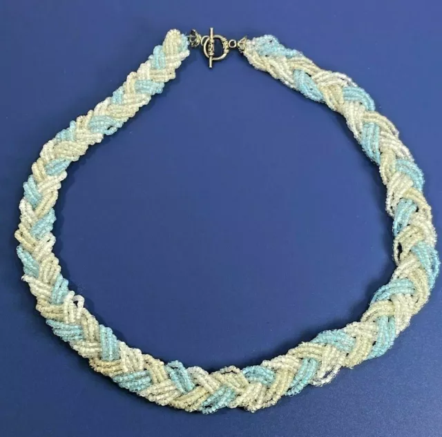 Fashion Necklace Braided Multi-Strand Seed Bead Baby Blue & Clear w/ White T Bar