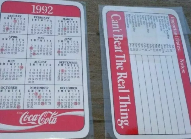 NOS New in Pkg Lot of 2 - Coca Cola 1992 Mini Plastic Promotion Calendars