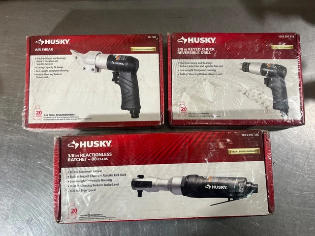 HUSKY Set of 3 Air Tools - Air Shear, 3/8" Reaction-Less Ratchet,