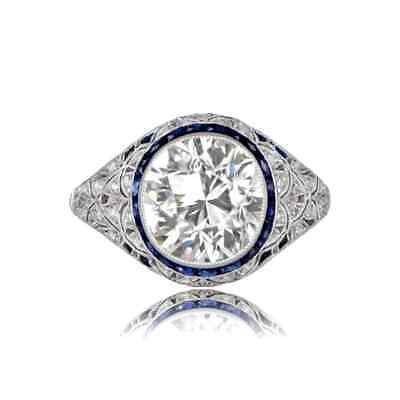 Antique Art Deco Old Mine Cut Diamond With Sapphire Halo Engagement Ring Silver
