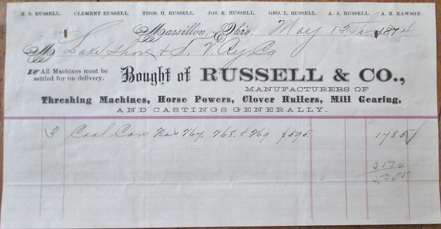 Massillon, OH 1874 Letterhead, Threshing Machines, Agricultural to Railroad Ohio