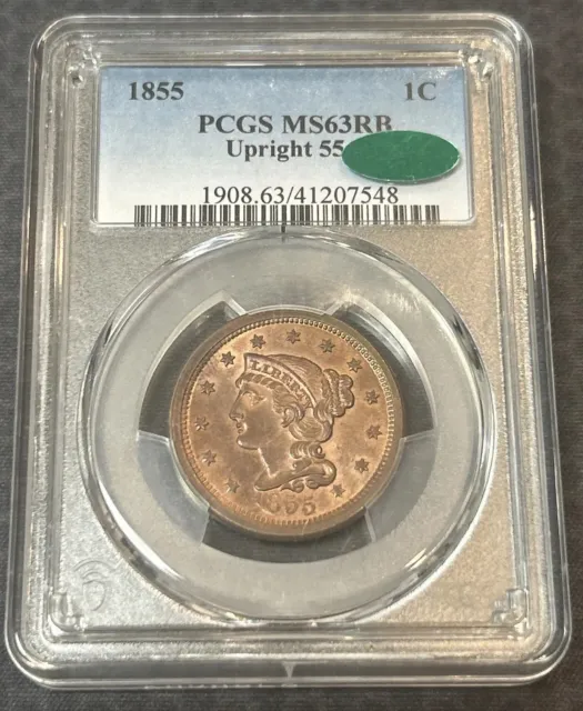 1855 N-3 PCGS MS64RB Upright 55 Braided Hair Large Cent Coin 1c