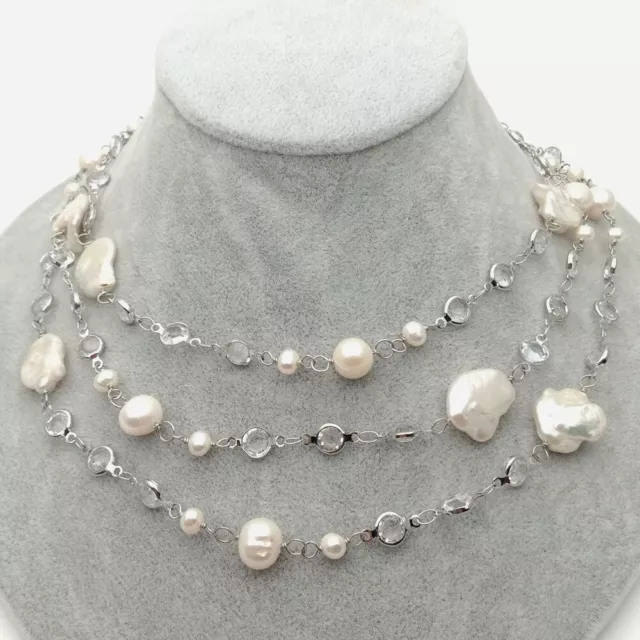 Cultured White Keshi Pearl White Gold Plated Cz Pave Chain Long Necklace 42"