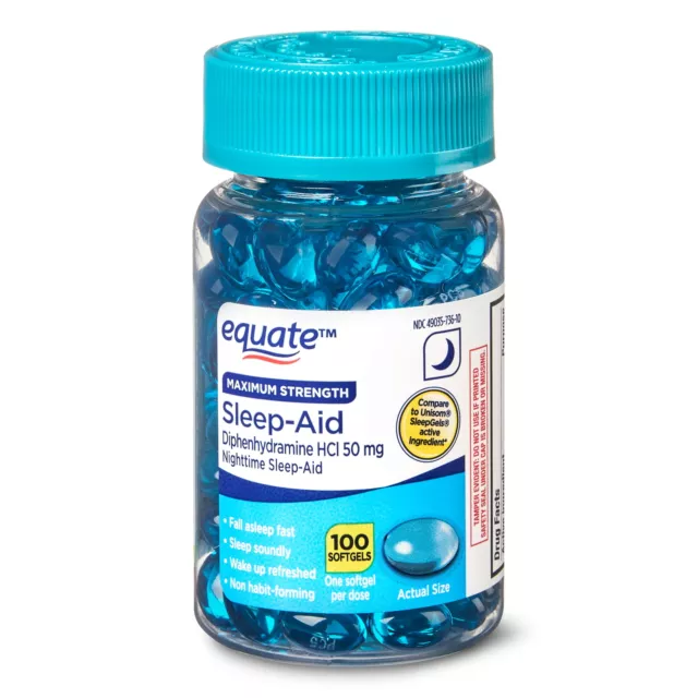 Gemelos blandos de ayuda para dormir Equate Maximum Strength difenhidramina HCl, 50 mg, 100 unidades