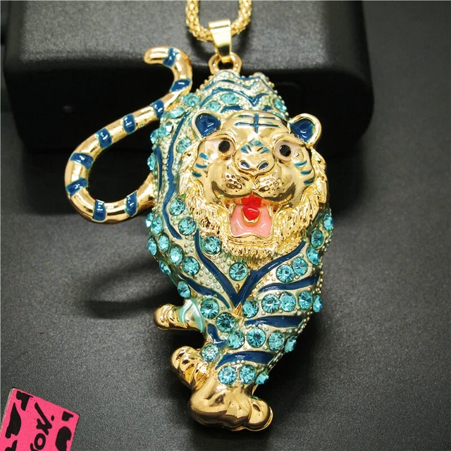 Hot Betsey Johnson Rhinestone Bling Blue Tiger Crystal Pendant Chain Necklace