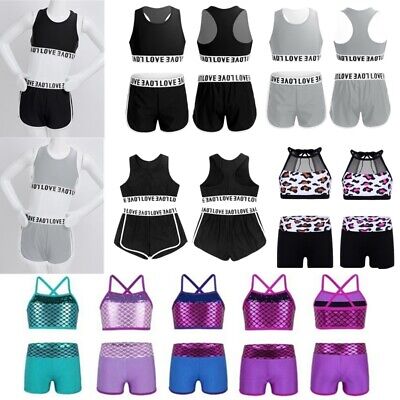 Kids Girls Two Pieces Crop Tops + Bottoms Tankini Set Gymnastics Ballet Outfits