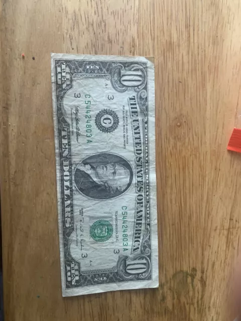 1995 (L) $10 Ten Dollar Bill Federal Reserve Note San Francisco Vintage Currency
