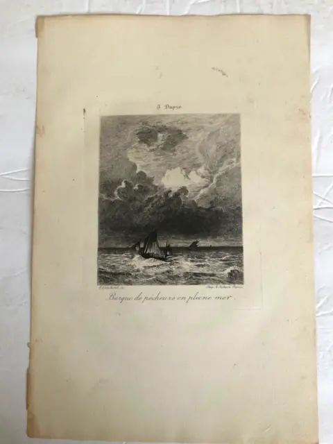 Antique Etching Jules Louis Dupré Barque de pecheurs en pleine mer Print 1878