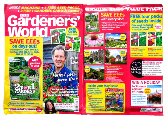 Gardeners World Magazine May 2024 With 2 For 1 Entry Card & 4 Packs Of Seeds