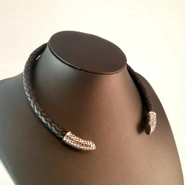 Mens Leather Choker Necklace Torc Black Leather Silver Hand Made | Fenris on Eba