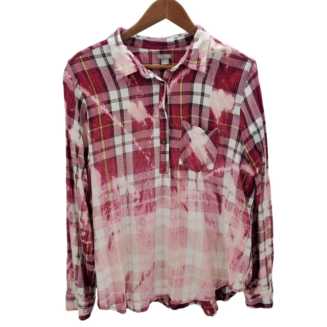 Womens Bleached Upcycled Distressed Long Sleeve Button Up Plaid Shirt Top Sz XL