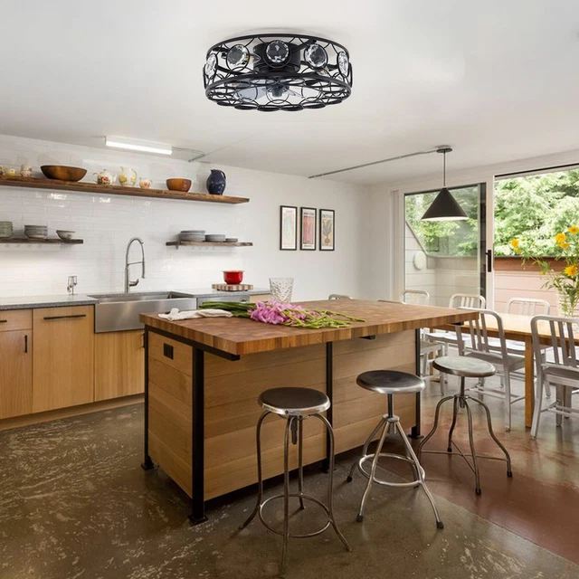 18& RETRO METAL Caged Ceiling Fan Light Flush Mount Low Profile