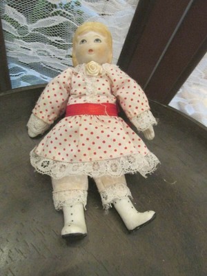 Vintage Small Porcelain Ceramic Doll Blonde, White dress trimmed in Red