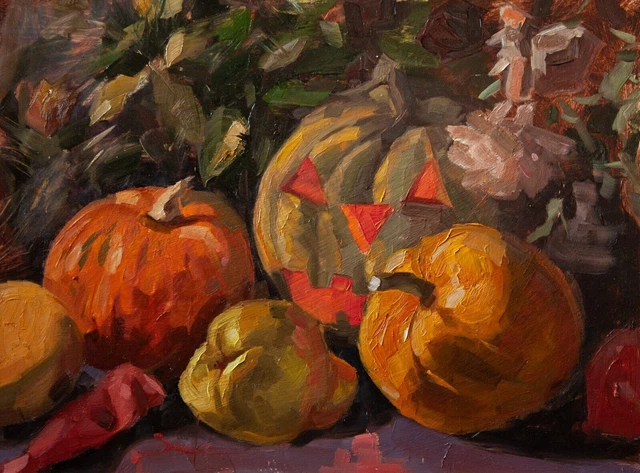 Zucca di Halloween Natura Morta Pittura A Olio Originale, Cibo Cucina Arte 16"