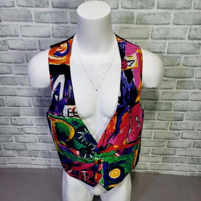 Vintage 80s 90s Adventure of Calif Mens L Colorful Abstract Art Deco Satiny Vest