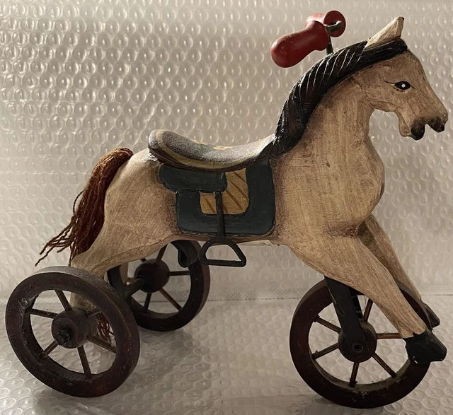 Vintage Folk Art Style Wooden Primitive Look Horse On Wheels Hand Crafted