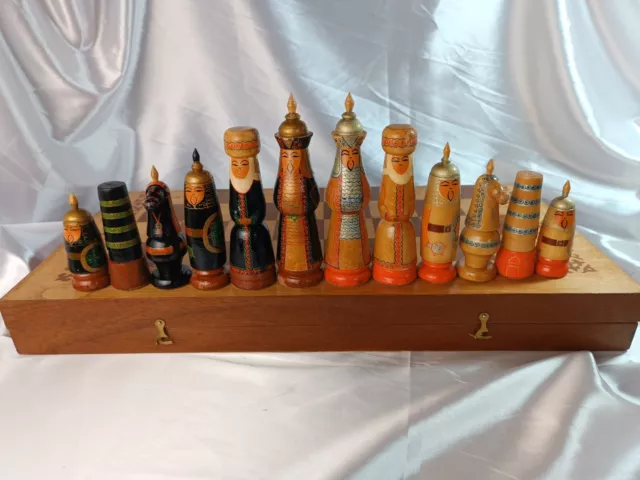 Rare! Vintage Ethnic Chess GENGHIS KHAN Mongols Painted BIG Set USSR 50*50 #C595