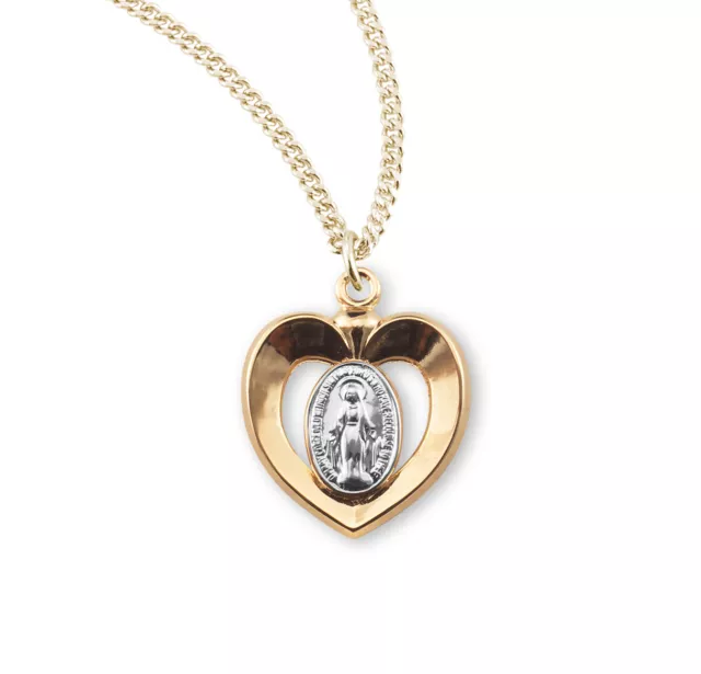 Gold over Sterling Silver Two-Tone Miraculous Medal Heart Pendant Necklace