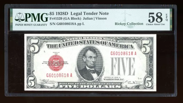 DBR 1928-D $5 Legal Fr. 1529 Vinson GA Block PMG 58 EPQ Serial G60108618A