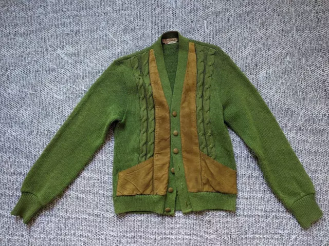 vintage 1950s cardigan WOOL cable knit S green SUEDE button-up 1960s rockabilly 2