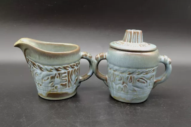 Vintage Frankoma Mayan Aztec Woodland Miss Creamer 7A and Lidded Sugar Bowl 7B