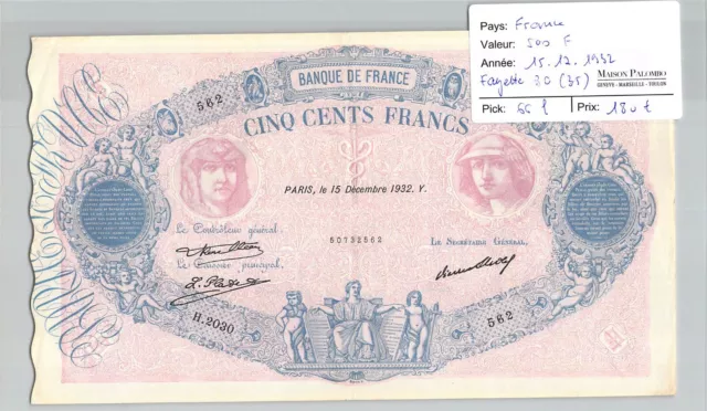 BILLET FRANCE - 500 Francs - 15/12/1932 - Fayette 30(35) Pick 66l - N°562