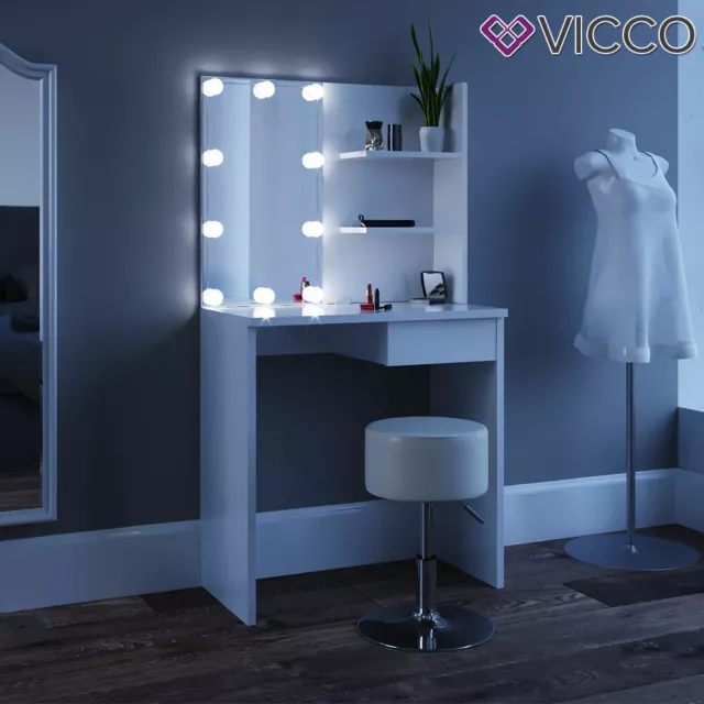 Vicco Table de maquillage Emma commode de coiffeuse miroir LED blanc + banc