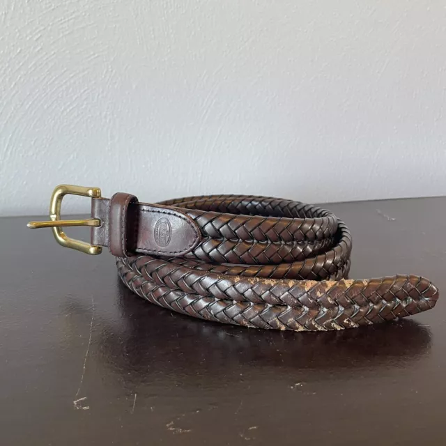 Fossil Braided Woven Belt Mens Size 40 Brown Leather Gold Buckle Casual