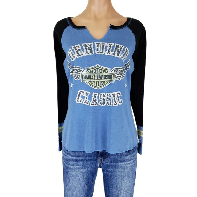 Harley Davidson Shirt Womens Large Blue Motorcycle Graphic Tee Biker Knit Top
